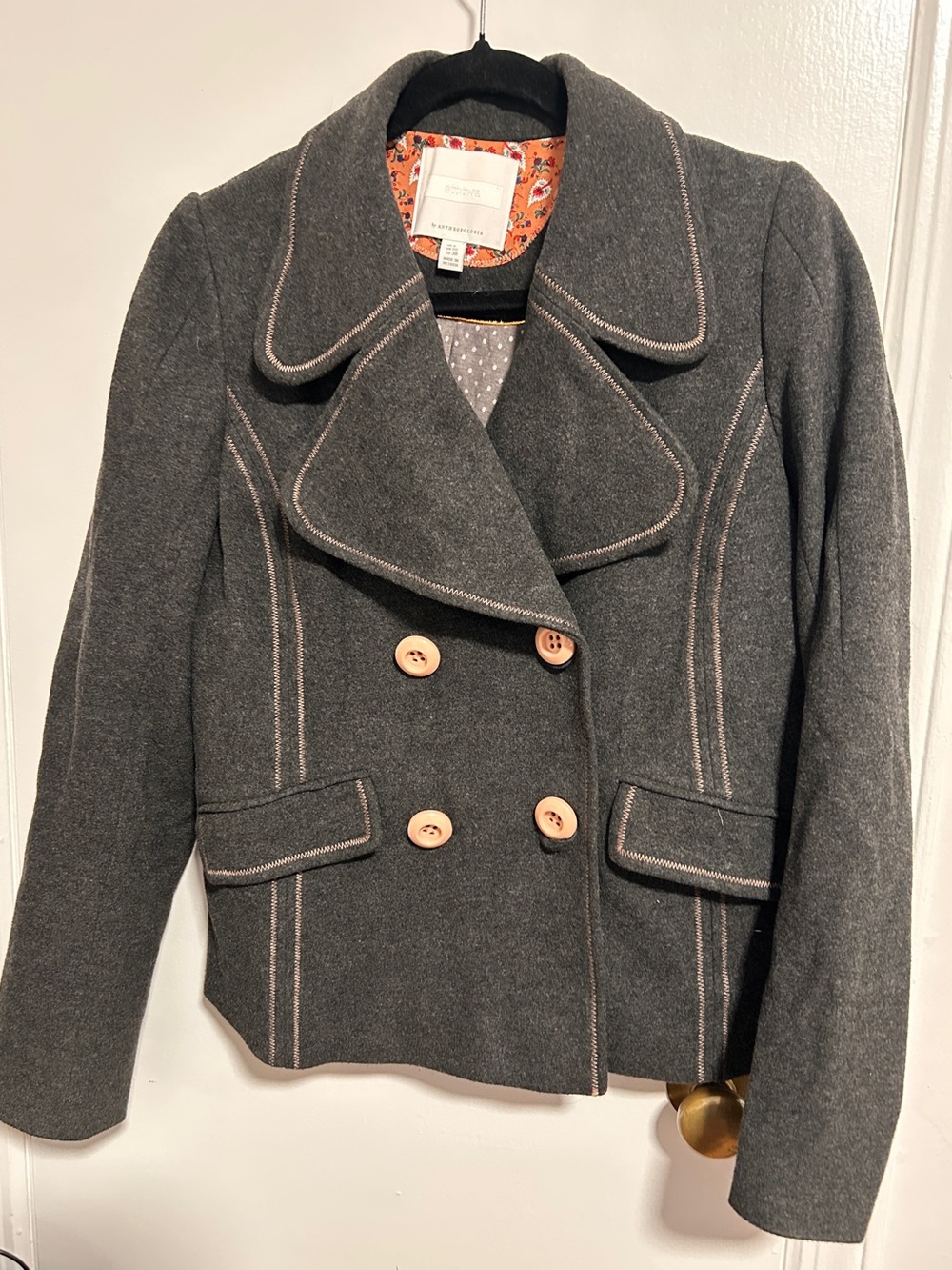 Anthropologie Charcoal Gray Double-Breasted Peacoat with Contrast Stitching